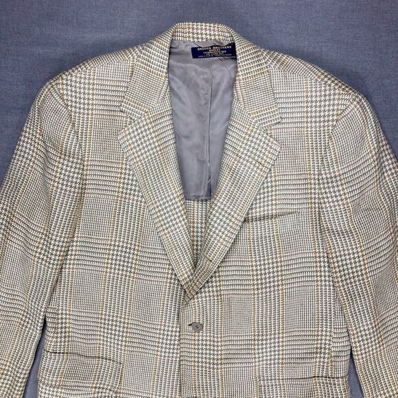 Brooks Brothers Blazer Mens 39R Tan Silk Wool Houndstooth Plaid Preppy Chic Coat - Picture 3 of 16